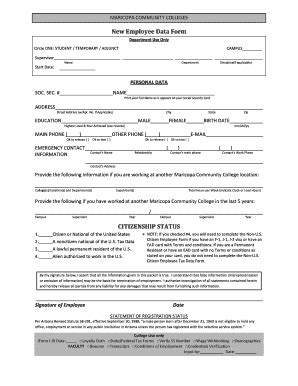 Fillable Online Pvc Maricopa New Hire Employee Data Form Maricopa