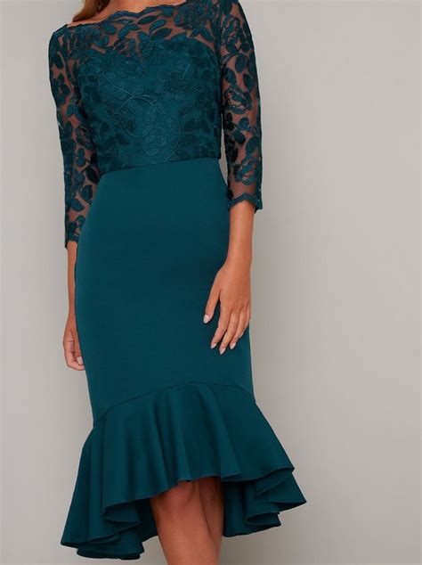 Bodycon Lace Bodice Peplum Hem Midi Dress In Green Casual Summer