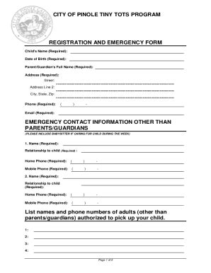 Fillable Online City Of Pinole Tiny Tots Program Registration And