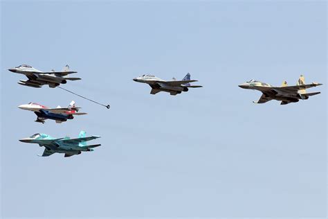 MiG-29K, MiG-35D, MiG-29OVT, Su-35BM, Su-32FN flying in formation ...