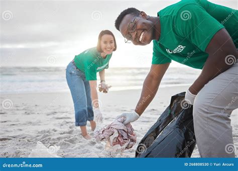 Happy Recycling And Portrait Of People On Beach For Sustainability