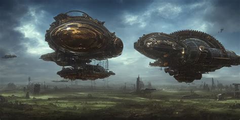 Steampunk Spaceship Hovering Over Fields And Small Stable Diffusion