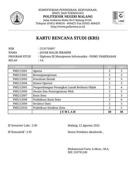 Kartu Rencana Studi Krs Politeknik Negeri Malang Kementerian