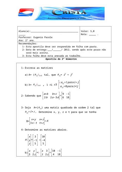 DOCX Lista de exercícios de matemática de matrizes e determinantes do