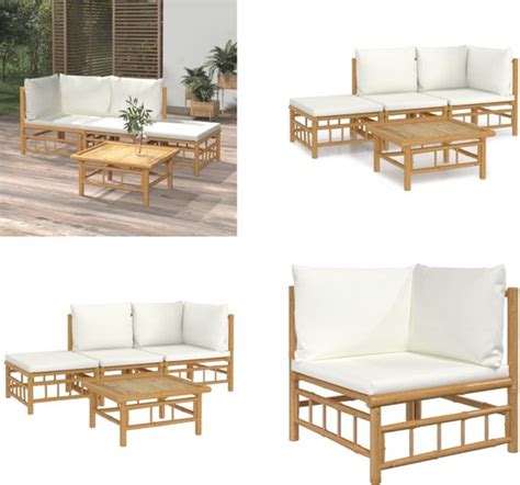 vidaXL 4 delige Loungeset met kussens bamboe crèmewit Loungeset