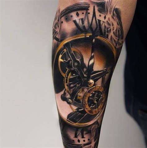 Unbelievable very detailed mechanic old clock tattoo on arm ...