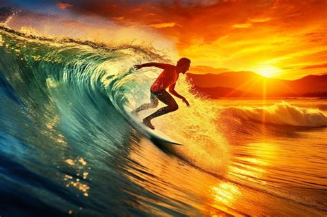 Premium Photo Surfer Riding A Wave At Sunset