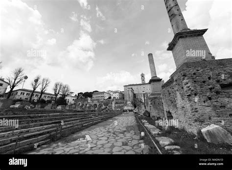 Black And White Picture Of Stone Streets Of The Ancient Roman Empire In