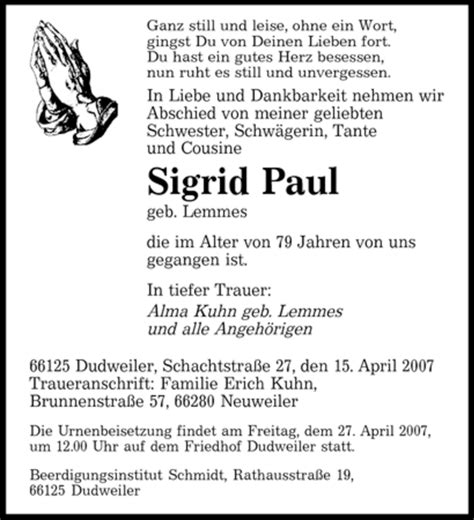 Traueranzeigen Von Sigrid Paul Saarbruecker Zeitung Trauer De