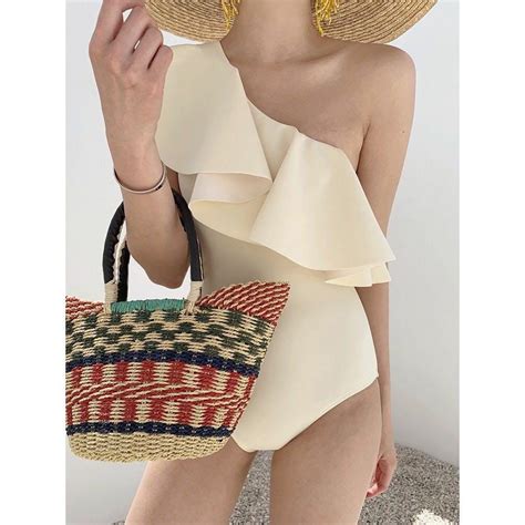 Bikini Beige Swimsuit One Piece Ruffle Monokini One Shoulder Baju