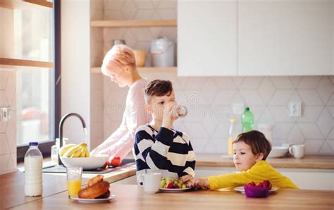 Una Mujer Joven Con Dos Ni Os Que Comen La Fruta En Una Cocina Imagen