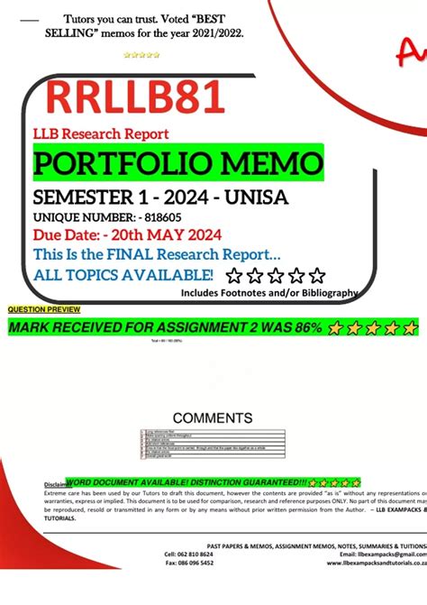 RRLLB81 PORTFOLIO MEMO SEMESTER 1 2024 UNISA UNIQUE NUMBER