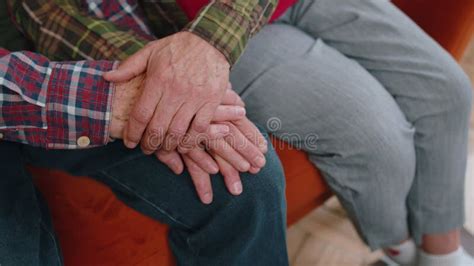 Caring Elderly Grandma Wife Holding Hand Senior Grandpa Husband Give