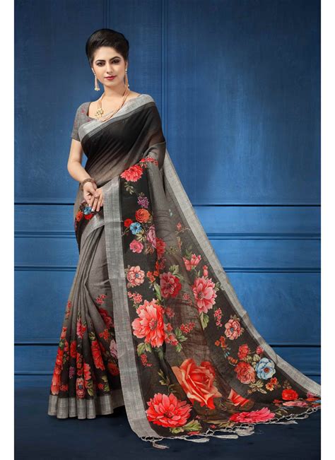 Shop Designer Saree Abstract Print Linen In Multi Colour Online