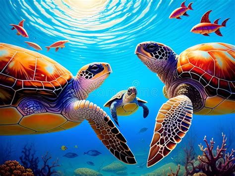 Sea Turtles Playing In The Ocean S Coral Reef Stock Illustration