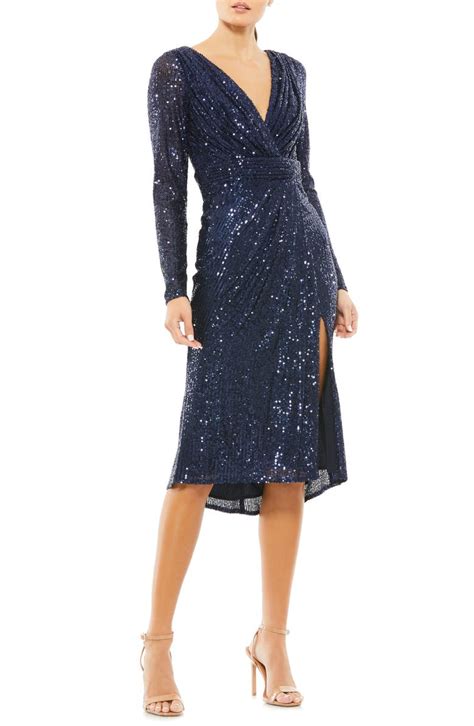 Mac Duggal Shimmer Sequin Long Sleeve Faux Wrap Dress Nordstrom