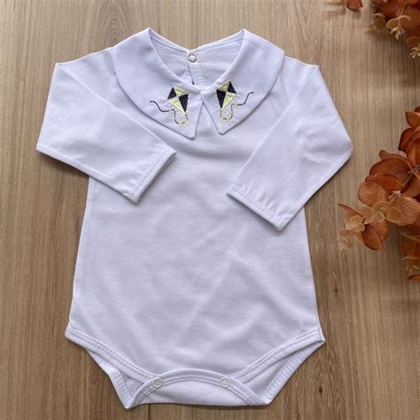 Body branco menino infantil Bebê manga longa gola americana Bordado