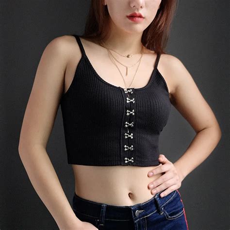 Sexy Striped Women Tanks Top Tight Button Crop Halter Sleeveless Black Bustier Summer Cropped