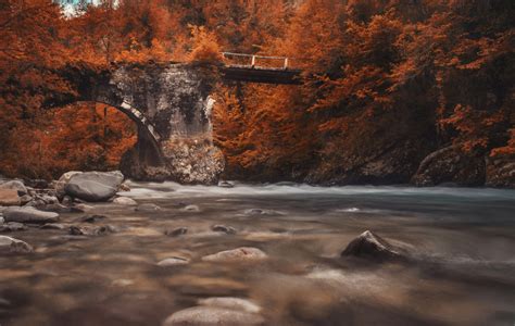 Wallpaper Nature Fall Foliage Trees Water River Bridge Rocks