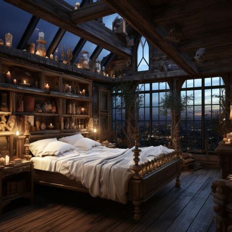 Premium Photo | A bedroom with a bed bookshelves and a view of the city