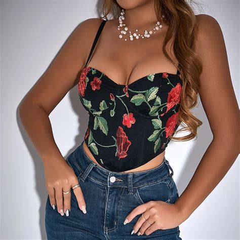 Corpi O Floral Bordado Para Mujer Top Corto Camisola Ajustada Sin