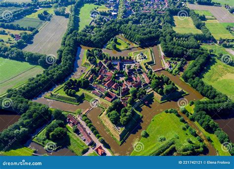 Aerial View From The Drone Of Star Shaped Fort Bourtange Groningen