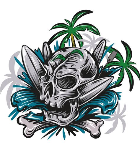 Skull Head On The Beach With A Surfboard Stock Vector Illustration Of