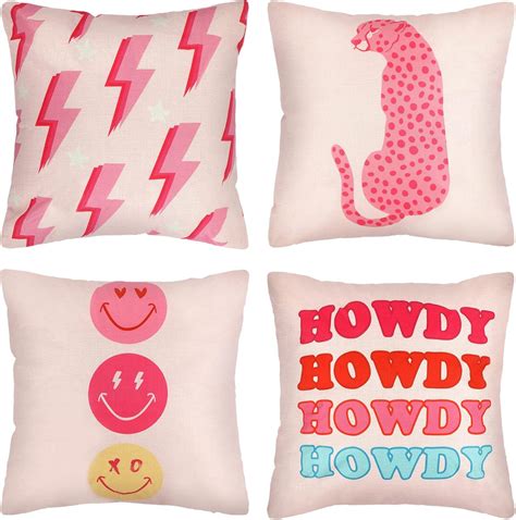 Decorative Preppy Throw Pillows Cushion Covers 4 Pcs Leopard Hot Pillowcover Smile Face Room