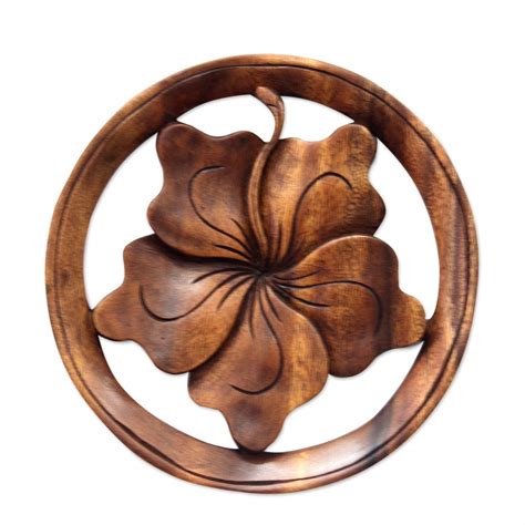 Wood Relief Panel Balinese Hibiscus Flower Novica Wood Carving