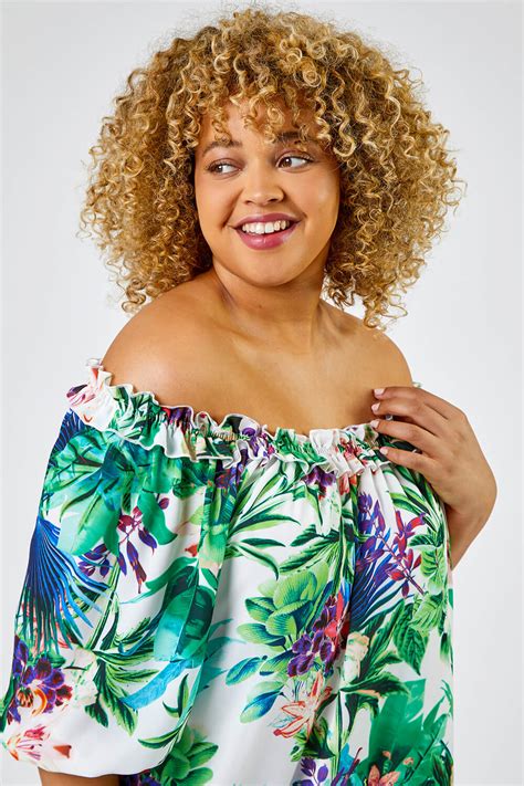 Curve Tropical Print Bardot Top In Ivory Roman Originals Uk