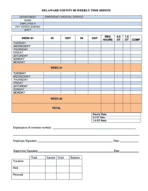 Fillable Online DELAWARE COUNTY BI WEEKLY TIME SHEETS Fax Email Print