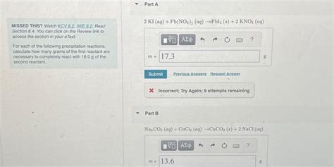 Solved 2ki Aq Pb No3 2 Aq →pbi2 S 2kno3 Aq Missed This