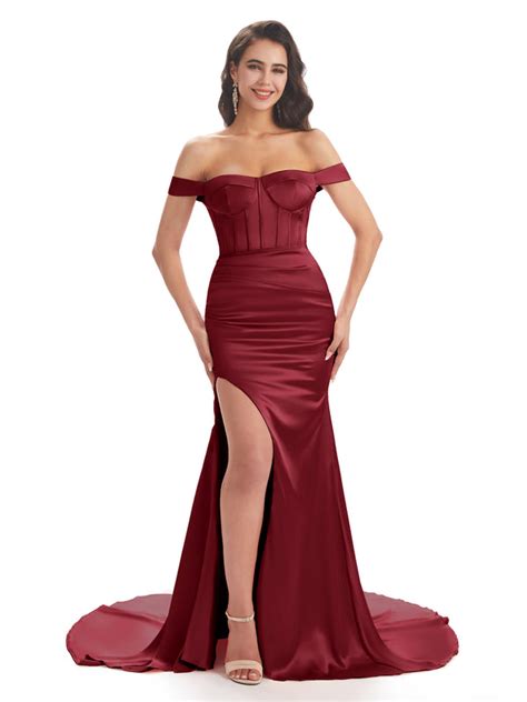 Sexy Side Slit Soft Satin Off Shoulder Floor Length Long Mermaid