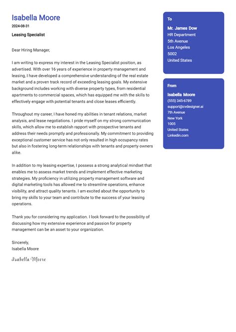 Leasing Specialist Cover Letter Examples Samples For Cvdesigner Ai