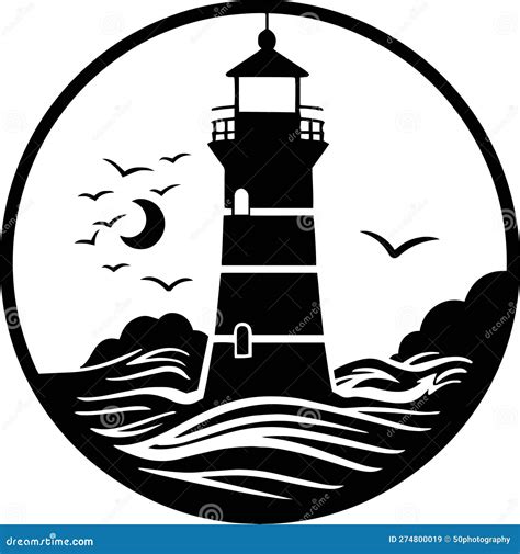 Lighthouse On The Sea Black And White Vector Illustration In A Circle