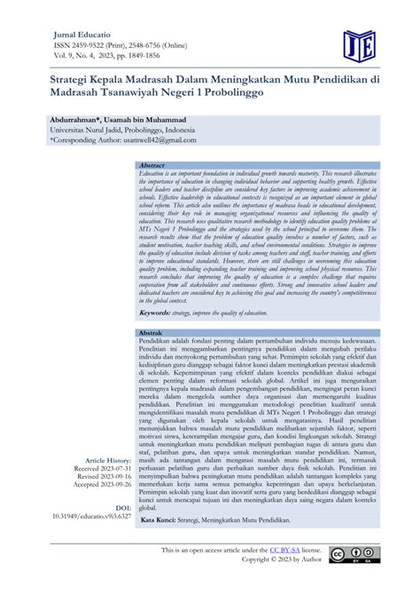 PDF Strategi Kepala Madrasah Dalam Meningkatkan Mutu Pendidikan Di