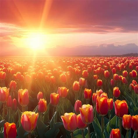 Premium AI Image | Tulip field at sunset beautiful spring landscape