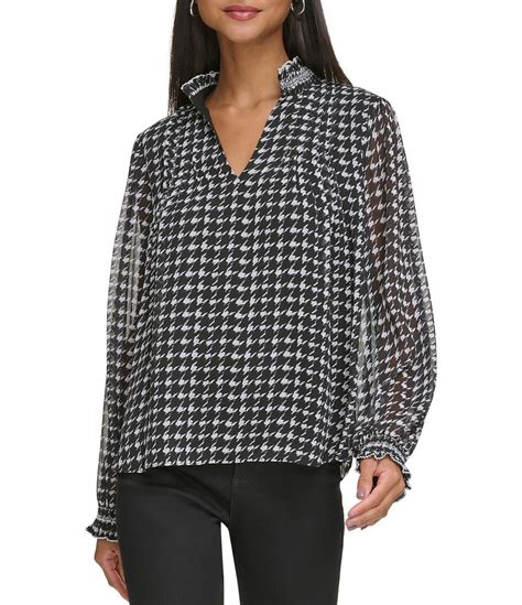 Karl Lagerfeld Paris Houndstooth Print Collared V Neck Long Sleeve