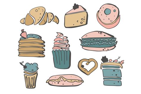 Doodle Sweets Dessert And Candies Set Ice Cream Cake Donut Vector