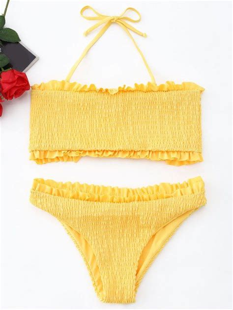 [23 Off] 2021 Frilled Smocked Bikini Set In Yellow Zaful