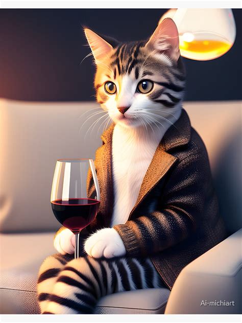 Cat Drinking Wine Modern Digital Art Sticker By Ai Michiart Redbubble