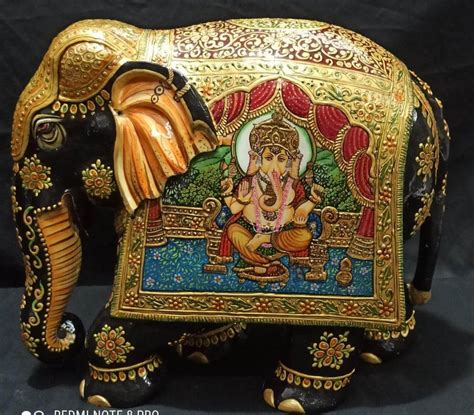 Multicolor Shrinath Art Gallery Wooden Gold Painted Elephant With