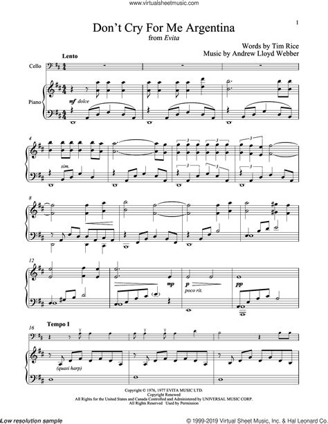 Dont Cry For Me Argentina From Evita Sheet Music For Cello And Piano