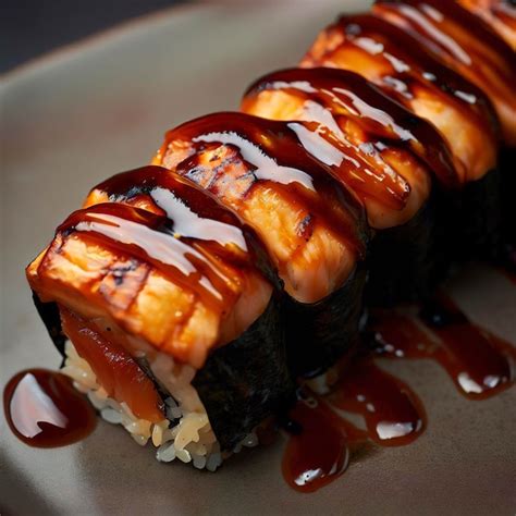 Premium AI Image | Salmon burned maki with teriyaki sauce