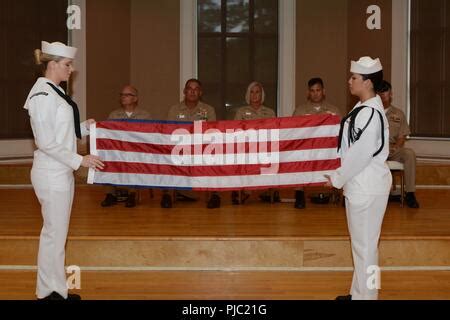 US Marine Corps unfold flag at ceremony,US Open 2014,New York,USA Stock ...