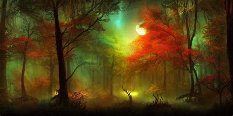 KREA Beautiful Matte Painting Of A Colorful Fantasy Dark Forest At Night