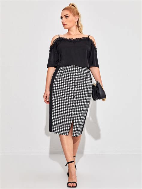 SHEIN Clasi Plus Striped Side Houndstooth Pencil Skirt SHEIN UK