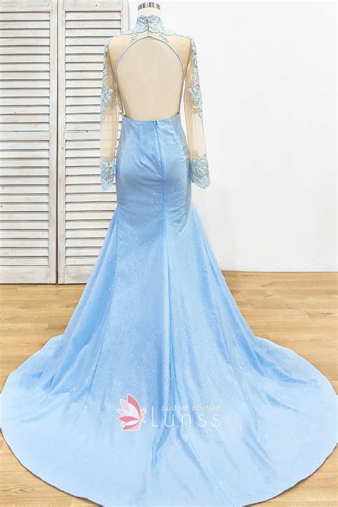 Beaded Lace Glitter Ice Blue Satin Mermaid Prom Dress - Lunss