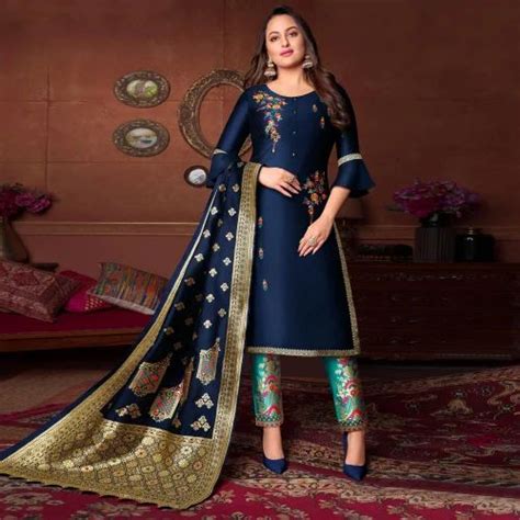 Navy Blue Floral Embroidered Art Silk Kurti Pant Set With Dupatta At Rs