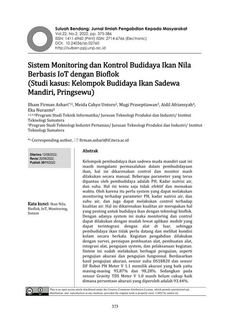 Pdf Sistem Monitoring Dan Kontrol Budidaya Ikan Nila Berbasis Iot